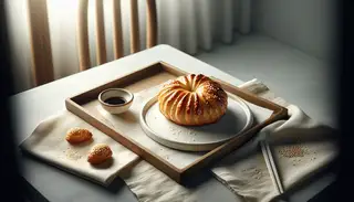 Asian-inspired vegan pastry with golden flaky layers on a white plate, sesame seeds scattered, and a small bowl of soy sauce, set against a blurred festival background.