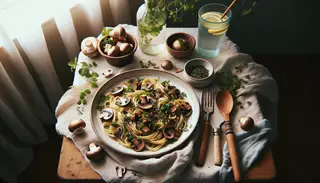 Create an image of a peaceful lunch table set with styled elegance, on which there's a plate of vegan linguine. The pasta is filled with mushrooms and herbs, glazed by a creamy cashew sauce. Sautéed mushrooms introduce an earthy aspect to the meal. Herbs such as fresh parsley and thyme sprinkled on top provide a lively contrast of green. Besides the plate, wooden utensils lay on soft linens. There's a glass of lemon-infused water that serves as a refreshing side beverage. The scene is lit up by natural light coming in through a window, bathing the setting in a tender, welcoming glow.