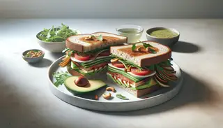 Gourmet vegan sandwich with cashew cheese, avocado, tomato, arugula, and caramelized onions on whole grain bread, served with a side salad, on a modern plate.