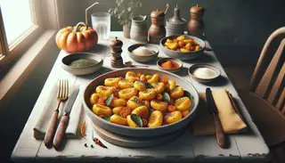 Hyper-realistic image of Spicy Miso Pumpkin Gnocchi on a minimalist table setting, garnished with fresh herbs and dairy-free parmesan.