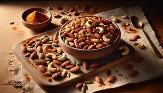 African-inspired spiced nut mix with almonds, cashews, peanuts, and pumpkin seeds seasoned with paprika, cumin, cayenne, and garlic on a clean table.
