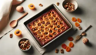Freshly baked vegan African-inspired dessert in an 8-inch pan, with walnuts and apricots, on a simple table, highlighted by warm lighting.