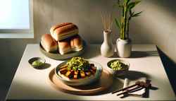 Minimalist buffet table in daylight featuring a central plate of glazed Asian-American fusion jackfruit with wasabi coleslaw, next to toasted vegan hot dog buns and a small bamboo plant.