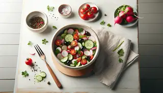 A vibrant vegan vegetable salad in a simple ceramic bowl on a plain white table, bursting with colorful ingredients and fresh parsley.