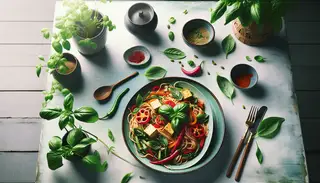 Serene dining scene with Vegan Spicy Thai Basil Noodles: colorful noodles, tofu, bell pepper, and basil on a tranquil table setting.