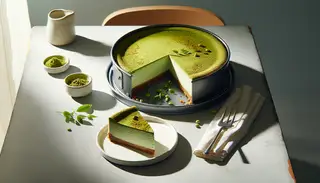 Image of a vegan matcha cheesecake in a springform pan, with a slice on a white plate beside it, highlighted by natural light on a minimalist table.