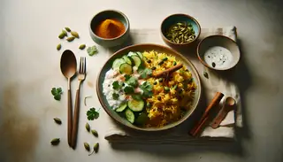 Image of a vibrant Vegan East African Pilau on a simple table, with Coconut Cucumber Salad, wooden utensils, and a warm, inviting atmosphere.