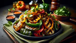 A colorful and flavorful BBQ side dish with grilled peppers and onions, adorned with fresh cilantro, radiating spicy and bold flavors.