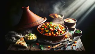 Vibrant Vegan Moroccan Tagine on a rustic table, with steam rising from mixed vegetables, garnished with cilantro, beside couscous and flatbread.