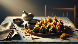 Elegantly served vegan spicy dim sum on a minimalist table, with visible colorful fillings and a dipping sauce, under soft lighting.