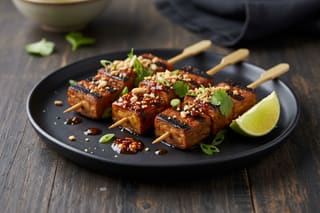 Charred miso-maple tempeh skewers on a wabi-sabi plate with chili oil and herbs. A wood-fired bridge of heritage and plant-based umami.