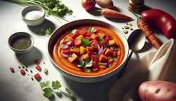 Realistic image of creamy vegan Scorched Soup in a refined bowl, featuring charred sweet potatoes, bell peppers, tomatoes, and onions, garnished with fresh herbs, under natural light.