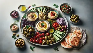 Vegan Meze platter on a minimalist table featuring hummus, baba ganoush, tabbouleh, artichokes, grape leaves, olives, and fresh veggies, garnished with herbs.