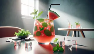 A close-up view of a vibrant Watermelon Mint Cooler in a clear glass, garnished with fresh mint leaves and ice cubes on a sleek table.
