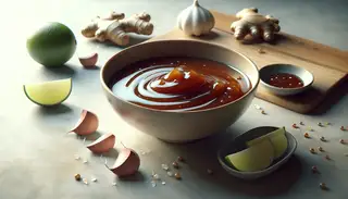 Vegan sticky marinade in a small elegant bowl on a wooden table, surrounded by garlic, ginger, and lime, with natural lighting.
