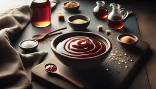 Rustic ceramic bowl of glossy vegan BBQ sauce on a dark wooden table, surrounded by apple cider vinegar, maple syrup, and brown sugar, in soft natural light.