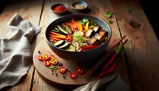 Smoky vegan ramen in a bowl on a wooden table, featuring charred vegetables, smoked tofu, noodles, and garnished with scallions, chili flakes, and cilantro.