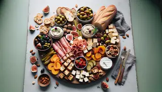 Vegan charcuterie platter on a clean table with vegan prosciutto, marinated tofu, cashew cheeses, olives, pickles, baguette slices, dried fruits, and nuts.