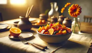 Vibrant citrusy African-inspired vegan stew in an elegant bowl, with a fresh orange blossom in a vase, under warm, cozy lighting.