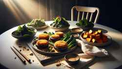 Elegant farm-to-table dish featuring crispy crusted portobello mushrooms, colorful greens, and roasted sweet potatoes in a minimalist setting.