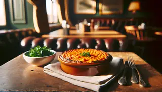 Image of a vegan Sweet Potato and Chickpea Shepherd's Pie in a ceramic dish on a wooden table, with fresh parsley and a cozy pub background.