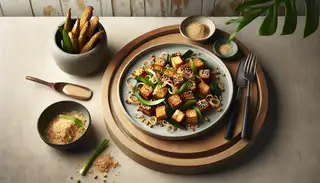 Image of a minimalist table setting with a dish of roasted jackfruit topped with golden panko, sesame seeds, and scallions, ready to eat.