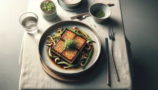 Elegant vegan 'Unagi' style tofu, caramelized and topped with sesame seeds and green onions, served on a minimalist table.