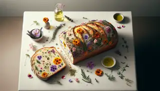 Golden-brown floral bread loaf with marigolds, violets, and rose petals, displayed on a simple table with olive oil and a vase of matching flowers.