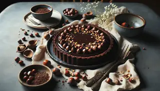 Indulgent Vegan Dark Chocolate and Hazelnut Tart garnished with crushed hazelnuts, exuding sophistication in a serene tableau.
