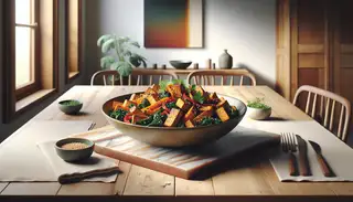 Image of 'Toasty Ethnic Vegan Delight' on a wood table, featuring crispy tempeh, roasted sweet potatoes, stir-fried kale, and red peppers, garnished with sesame and cilantro.