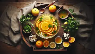 Vibrant citrus marinade in crystal bowl surrounded by lemons, oranges, and parsley, with sliced vegetables on a wooden table.