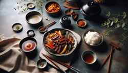 A serene dining table with minimalist design features a vegan Korean Bulgogi dish made with seitan strips, accompanied by a bowl of steamed rice.