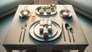 A stunning image of a pristine dinner table with vibrant Vegan Sushi Burrito Rolls, exuding minimalist elegance and tempting allure.