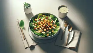 Minimalistic dinner table with a vegan Caesar salad in a shallow bowl, topped with crispy chickpea croutons and light dressing, beside a simple white napkin and a small vase.