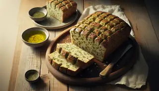 Rustic table setting with a loaf of vegan garlic herb bread, cut in checkered pattern, next to a bowl of olive oil and herbs, in natural light.