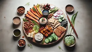 A vegan umami charcuterie board on a clean table, featuring smoked carrot salmon, golden tempeh, miso cashew cheese, pickled shiitake, spiced almonds, fresh vegetables, seaweed crisps, rice crackers, and soy sauce.