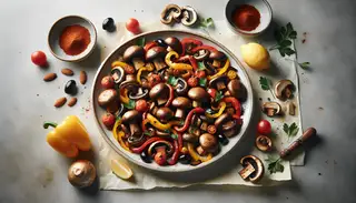 Vegan smoky tapas on a simple table, featuring king oyster mushrooms, bell peppers, onions, parsley, olives, tomatoes, almonds, and lemon wedges, seasoned with spices.