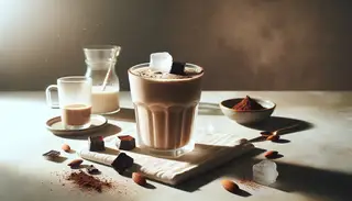Create an image showcasing a vegan chef's innovative and flavorful plant-based drink recipe. The scene is set on a clean and simplistic table that highlights a clear glass filled with a blended beverage made from brewed coffee, almond milk, cacao powder, maple syrup, and a hint of vanilla extract. Iced cubes are present in the drink, and there's a garnish of cacao powder on top for added indulgence. The image spotlights the vibrant and rich colors of the beverage and uses soft light for a warm, inviting ambiance. No text or human figures are to be found–only the drink and its captivating presentation.