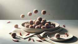 Still-life image of 'Tangy Tamarind Poppers' on a minimalist table, featuring walnut-sized, coconut-coated, dark tamarind balls with chili flakes.