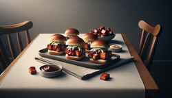 A vibrant still life image of a table showcasing BBQ Jackfruit Sliders on soft buns, topped with tangy BBQ sauce and optional crunchy coleslaw.