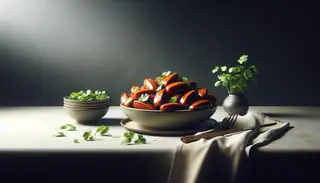 Realistic sweet BBQ jackfruit feast on a simple table, highlighted with fresh cilantro and accompanied by rice or salad, under warm, inviting lighting.