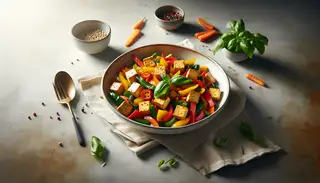 Image of vegan tofu stir-fry with red, green, and yellow bell peppers, carrots, and basil on a minimalist table under warm lighting.