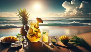 Visualize a serene beachside setting, where the soothing cadence of crashing waves fills the air and the warm sunlight gently kisses your skin. A beautifully arranged pitcher glistens in the sunlight on a table. It's filled with a golden, sticky tropical drink, adorned with slices of juicy pineapples and vibrant lime wedges. As you extend your hand towards a glassful of this delightful concoction, you notice ice cubes clinking in anticipation of refreshing your palate. The scene embodies an oasis of relaxation and indulgence, the perfect escape from everyday hustle. The atmosphere is tranquil and soothing, allowing the blissful enjoyment of this sticky tropical drink to take center stage.