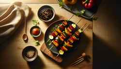 Image of minimalist culinary setup with vegan 'chicken' skewers on a wooden table, featuring charred TVP, bell peppers, zucchini, and a spicy soy-maple marinade.