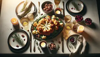 Elegant vegan holiday table setting featuring a golden-brown cauliflower roast garnished with herbs, surrounded by accents of cranberries and pecans.