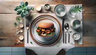 A beautifully set table featuring a succulent BBQ Jackfruit Sandwich as the centerpiece, exuding a plant-based allure in a serene ambiance.