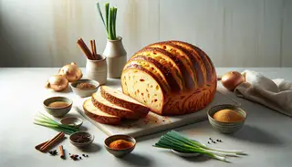 Freshly baked Asian-spiced bread on a minimalist table, golden-brown with a fluffy interior, surrounded by spices and scallions.
