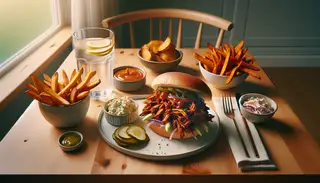 Image of a minimalistic dining setup with a Vegan BBQ Pulled 'Pork' Sandwich on a wooden table, complemented by sweet potato fries and a glass of lemon water.