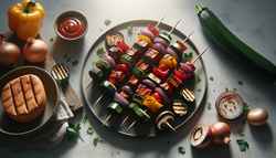 A minimalist table setting with vegan BBQ skewers of TVP, bell peppers, zucchinis, mushrooms, and onion, all grilled and seasoned, in soft daylight.