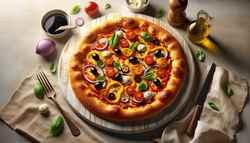 Vegan artisan pizza with golden crust, vegan mozzarella, bell peppers, onions, olives, balsamic glaze, and basil on a clean table.